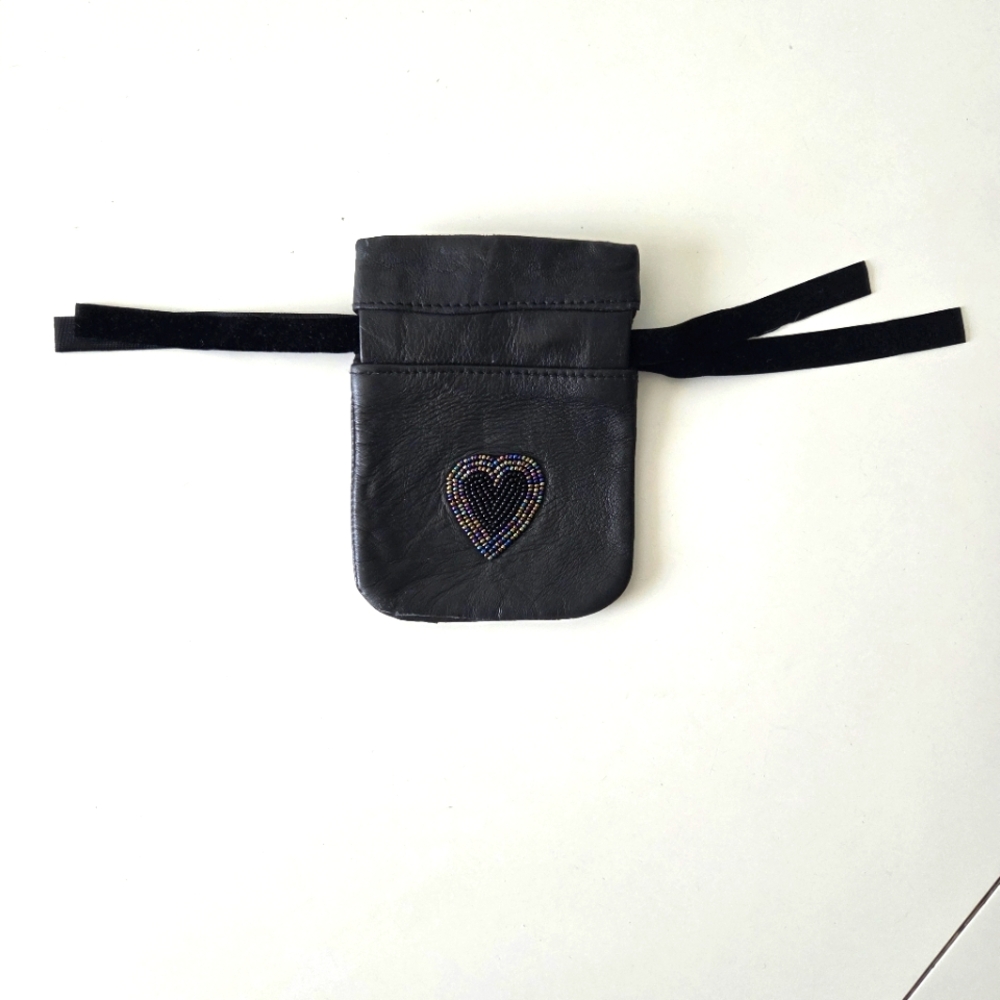 Black Leather Drawstring Pouch with Beaded Heart Detail